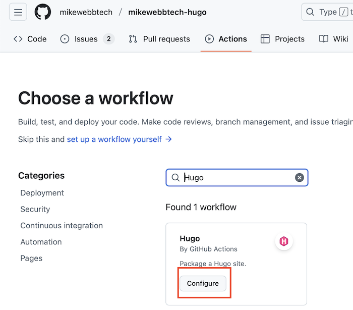 configure hugo workflow